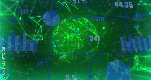 On wireframe globe appearing, globe rotating while charts updating figures for global data trends