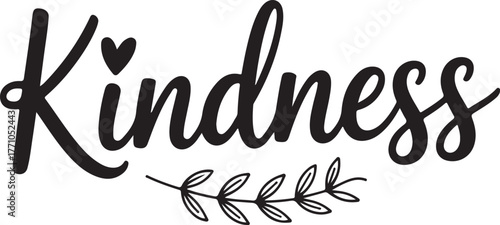 Handwritten word kindness with decorative branches and a heart for a touch of charm isolated on transparent background