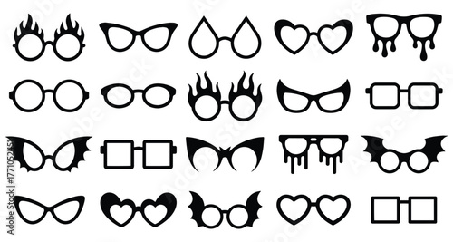 Eyeglasses icon frame vector set, Whimsical and unique eyewear silhouettes flame frame, cat-eye frames, bat-wing frame, heart-shaped frames, square frames, Vector illustration