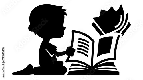 Engaging Silhouette Depiction of a Child Lost in the Adventure of Reading an Exciting Book, Perfect for Educational Materials and Library Promotions