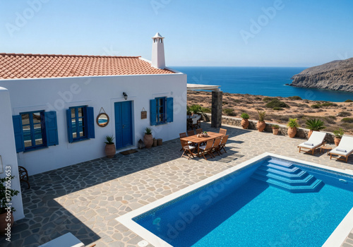 Stunning Mediterranean villa with pool overlooking the Aegean Sea for luxury vacation rentals and summer travel escapes
