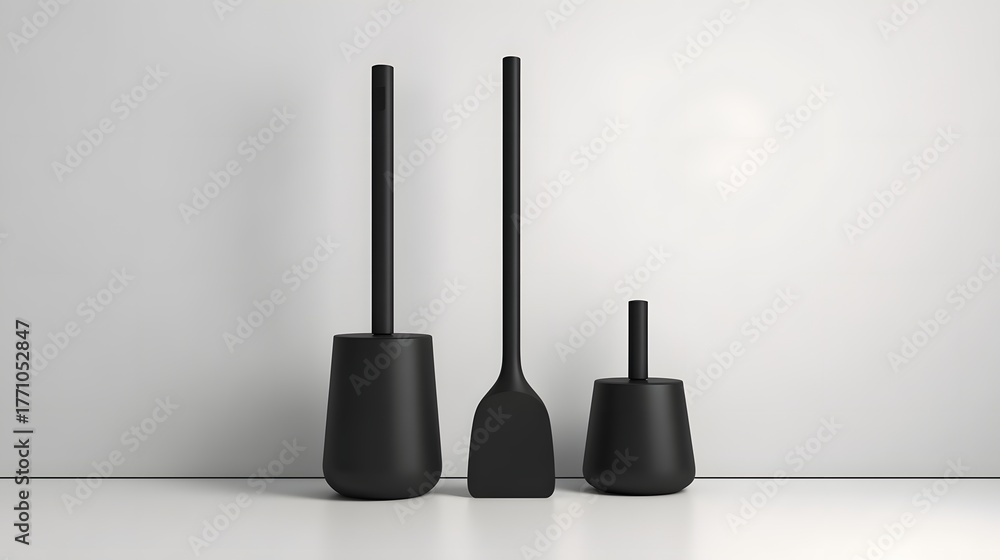 Naklejka premium Three modern matte black bathroom accessories stand side by side against a light background