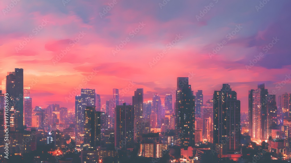 Fototapeta premium Illuminated towers define the metropolitan skyline against a vibrant sunset sky