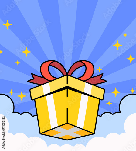 Golden gift box with a bright red ribbon floating in the sky among white clouds and sparkling stars represents joy, surprise, and generosity for festive promotions, holiday themes