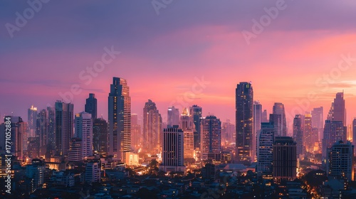 Illuminated metropolitan skyline viewed during a vivid twilight transition