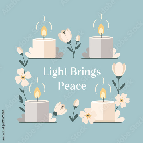 Artistic Illustration of Lit Candles and Delicate Floral Border Symbolizing Peace