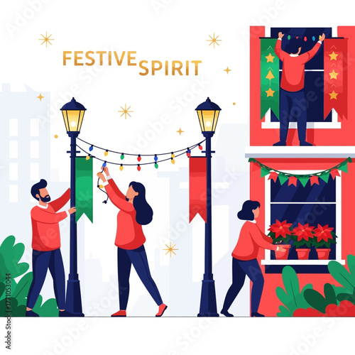 Cheerful People Decorating Urban Street and Buildings for Joyful Holiday Festivities