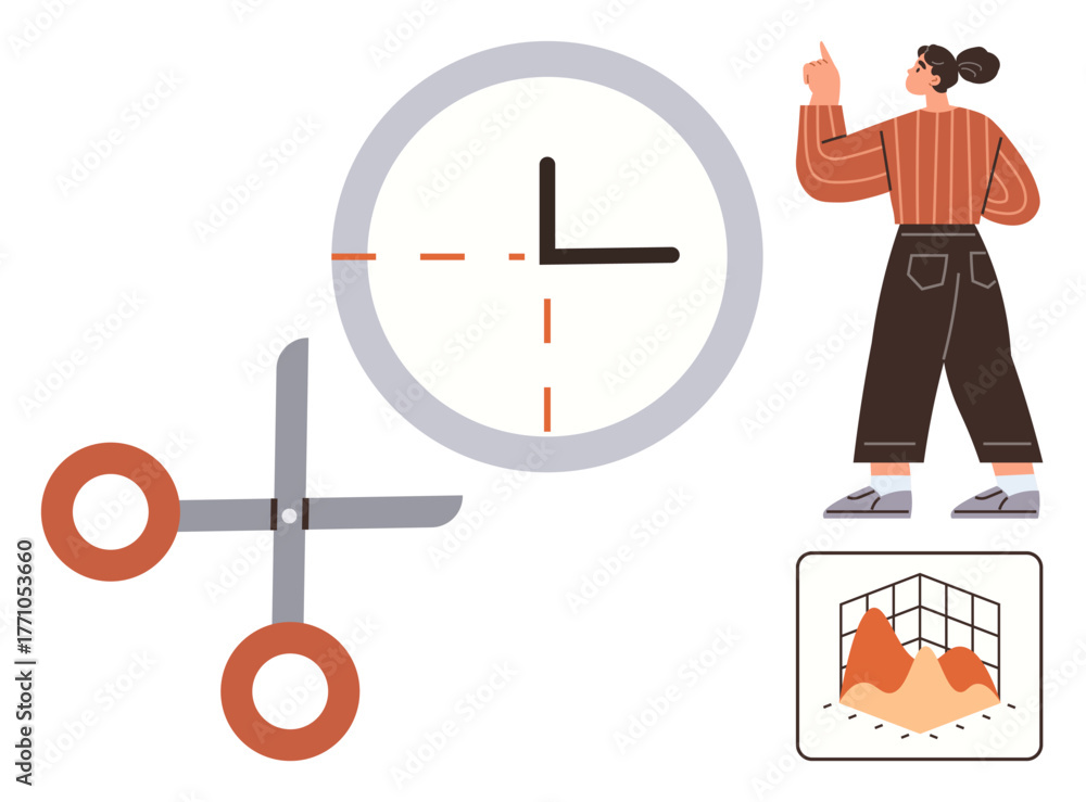 Fototapeta premium Woman gesturing towards circular clock and scissors, representing cutting time or efficiency, near a performance chart. Ideal for productivity, efficiency, decision-making, business, planning