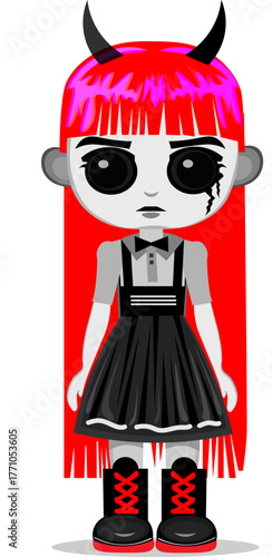 Art & Illustration, Vector illustration of a Kawaii Goth/Chibi doll character with bright red hair, black horns, and a dark pinafore dress, perfect for alternative fashion and subculture design themes
