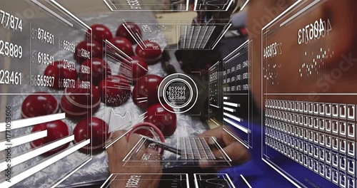 operator grabbing leather shells in manufacturing, sewing seam to assemble ball with data overlay