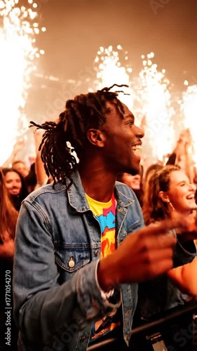 Enthusiastic crowd celebrating live music performance with vibrant stage lights