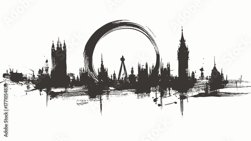 London skyline silhouette with iconic landmarks in dramatic black ink brush stroke grunge painting style