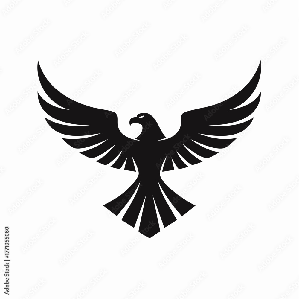 Obraz premium Stylized black vector silhouette of an eagle with wings folded, sleek clean lines, white background, editable vector for modern minimalist logo design
