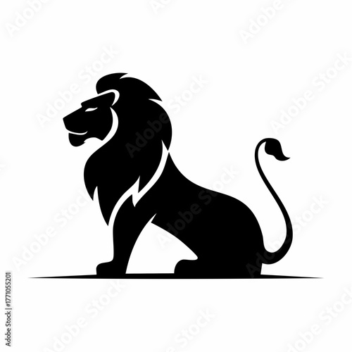 Stylized black vector silhouette of a lion with simple smooth curves, clean white background, editable for minimalist logo design