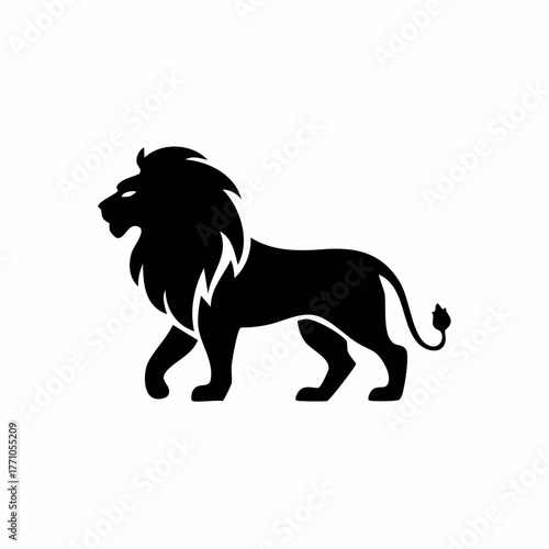 Stylized black vector silhouette of a lion with simple smooth curves, clean white background, editable for minimalist logo design