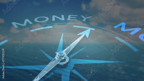 3D compass needle rising triggers arcs lighting and MONEY letters rotating signaling money focus