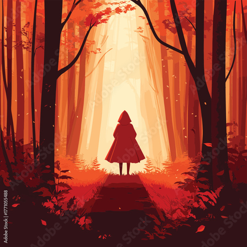 Little Red Riding Hood in the reddish forest comes into the light   , vector style simple color