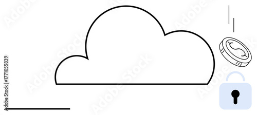 Cloud illustration with a falling coin and lock icon, symbolizing data security, online transactions, and digital protection. Ideal for finance, network safety, technology, cloud computing