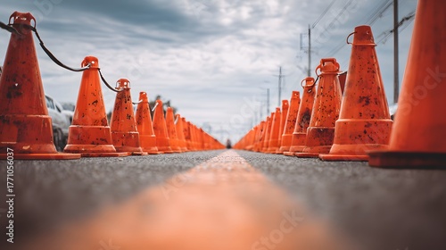 Row of construction safety markers lines a paved surface under a cloudy sky