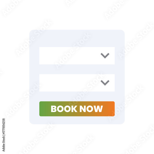Digital art: a booking form with two dropdown menus above a gradient "BOOK NOW" button, isolated on a white background, clean, simple, and inviting.
