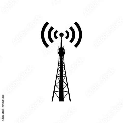 Black silhouette of a telecommunication tower with signal waves emanating from the top
