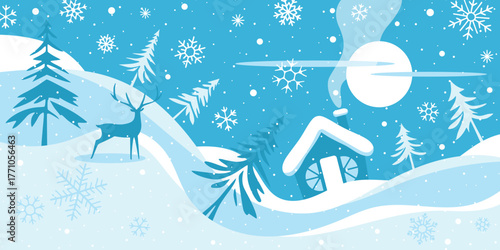 Winter cartoon, vector illustration, stylized winter landscape, snowfall and sun, snowdrifts and a hut