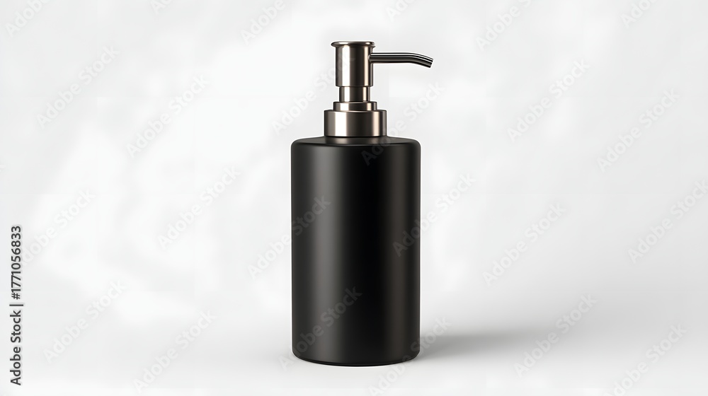Obraz premium Matte black cylindrical dispenser bottle with metallic pump mechanism sits against a bright white background