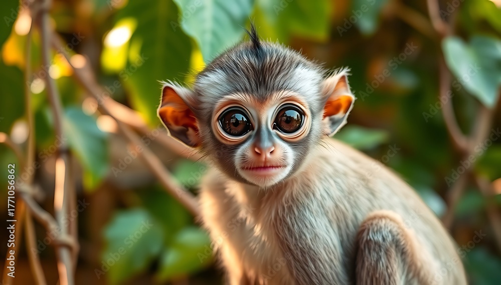 Fototapeta premium Closeup of a cute baby monkey with big eyes looking at the camera in a natural setting with foliage