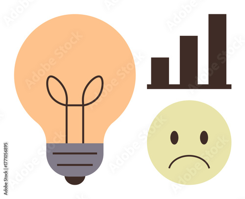 Lightbulb, bar chart, and sad face reflect lack of innovation and declining results. Ideal for failure, productivity, business, challenges, disappointment problem-solving motivation themes. Simple