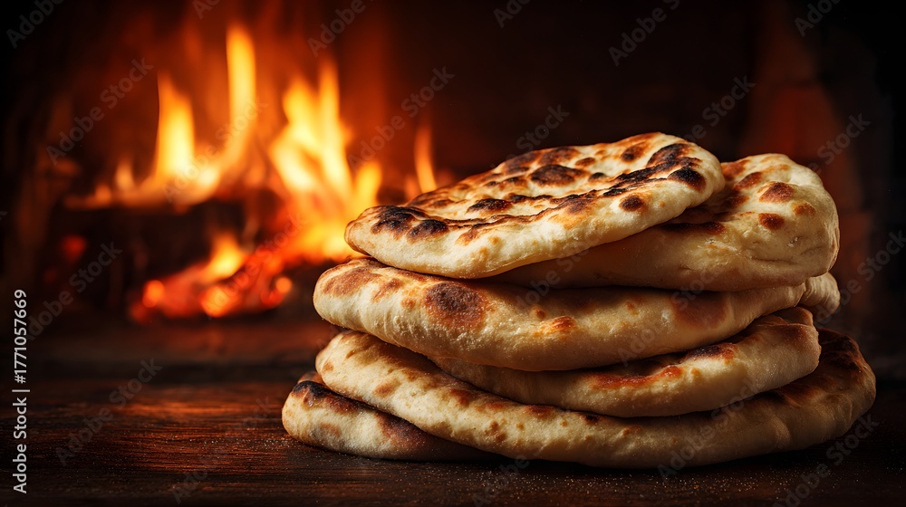 Obraz premium Stack of freshly baked flatbread rests before a roaring, warm fireplace