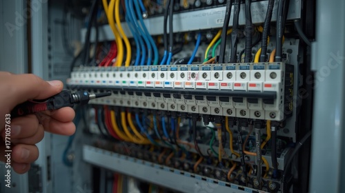 Repairing an electrical panel with colorful wires connected ideal for illustrating electrical repairs, maintenance, electrician services, and home improvement projects.