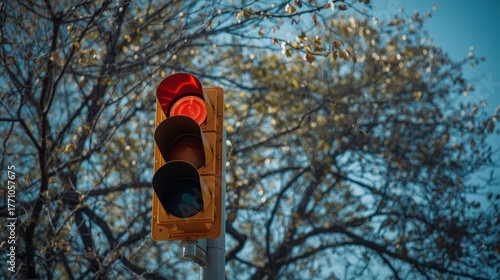 Red stoplight contrasts against barren tree branches, symbolizing intersection, change, transition. Suitable for transportation, autumn themes in design, concepts.