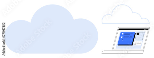 Oversized cloud icon, sleek laptop screen showing documents inside a user interface. Ideal for technology, cloud storage, online data, collaboration, software, innovation, simple flat metaphor