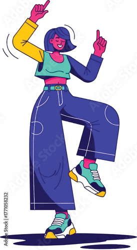 Cartoon illustration of a woman dancing with her arms raised and legs bent.