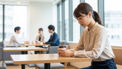 オフィスの休憩室でコーヒーを持ち俯くビジネスウーマン