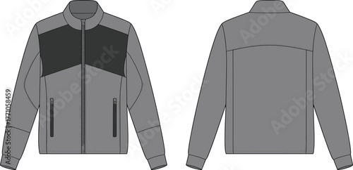 Technical flat sketch jacket front back view, fashion design template, high collar zipper coat, apparel CAD drawing, garment construction illustration, vector clothing mockup, outerwear design