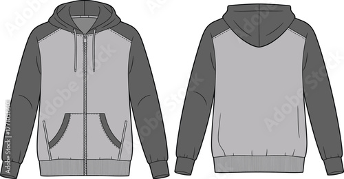 Hooded sweatshirt front and back view, two tone hoodie design, gray body dark sleeves, blue cuffs waistband, fashion apparel template, clothing mockup illustration