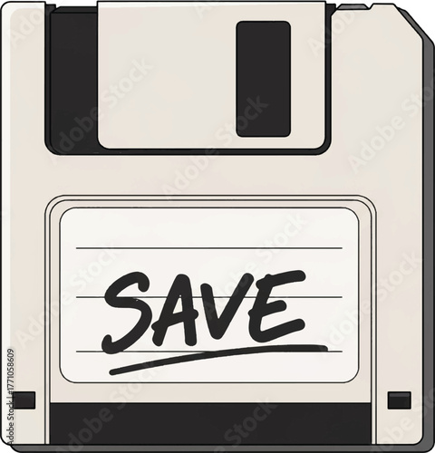 A vintage 3.5-inch floppy disk with the word "SAVE" handwritten on its label, symbolizing data storage.