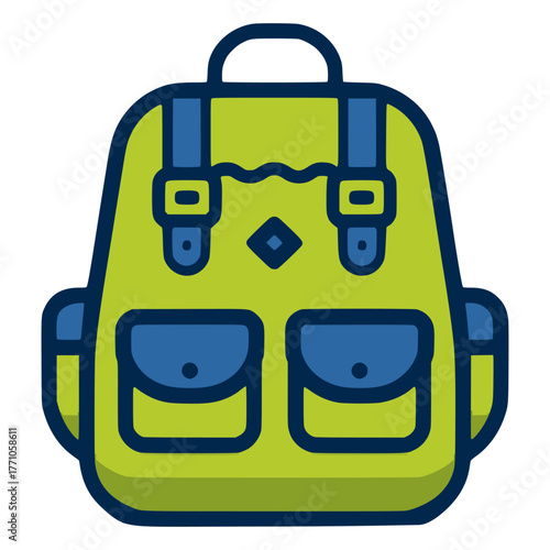 Green backpack school accessories flat color vector illustration template design