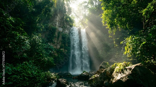 Fototapeta Naklejka Na Ścianę i Meble -  Sunlight streams through dense jungle foliage illuminating a tall cascading waterfall in a rocky environment