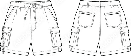 Cargo shorts technical fashion flat sketch, front and back view, apparel design template, garment vector illustration, clothing blueprint, pocket detail, elastic waistband, drawstring