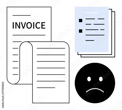 Overdue invoice with curled paper, document stack, and sad face. Ideal for finance, accounting, billing, payment delay, financial stress debt and budgeting themes. Simple flat metaphor