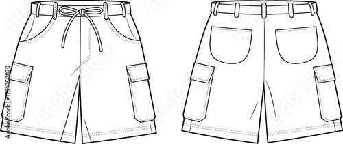 Cargo shorts technical flat sketch, fashion apparel vector template, front and back view design, drawstring waistband, belt loops, pockets, garment construction illustration, clothing blueprint