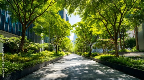 Lush green trees line a pedestrian walkway alongside modern glass office buildings on a sunny day