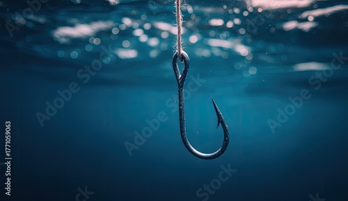 A sharp fishing hook hangs suspended underwater above a dark blue abyss.