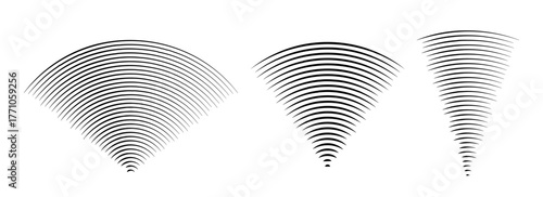 Line sound wave signal set. Radial radio and music audio icon collection. Rippled radar vibration element sign bundle. Black curved impulse linear pack. Echo soundwave symbols. Vector