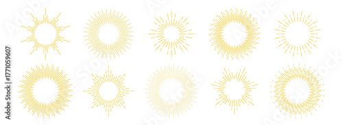 Golden sunburst frame collection. Retro gold radial sun light border set. Vintage royal sun beams or rays circle element pack for cadre, decor, label, badge, emblem. Vector yellow round boarder bundle