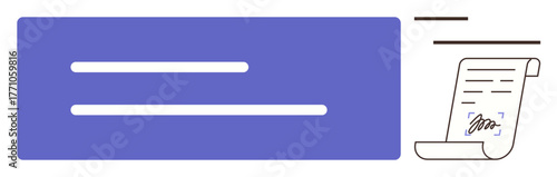 Contract scroll with signature icon next to horizontal lines resembling digital approval process. Ideal for documentation, legal agreement, validation, e-signature, approval, technology, simple flat