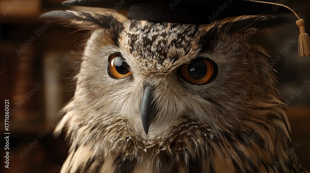 Fototapeta premium Detailed close up of an owl wearing a graduation cap in a dimly lit setting