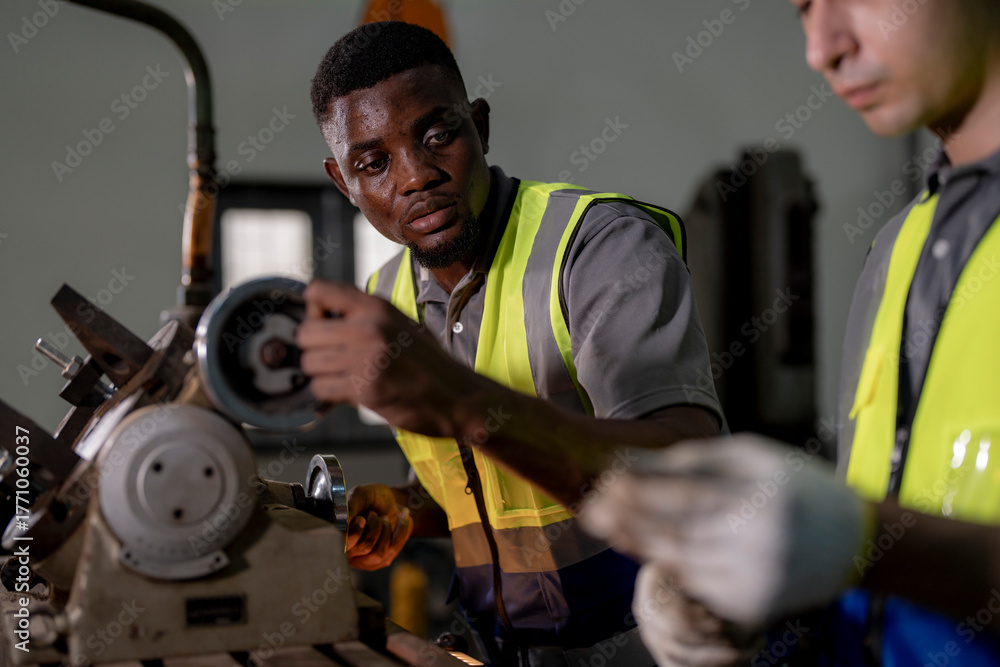 Obraz premium Two engineers focus on adjusting industrial machinery with precision. Teamwork, mechanical engineering, machine maintenance, technical collaboration, and industrial training.